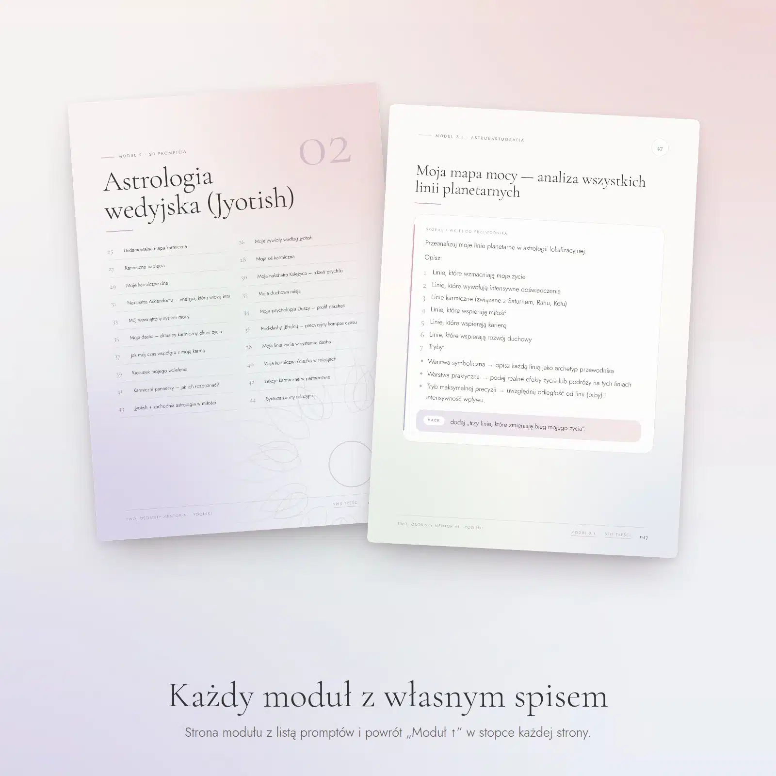 Każdy moduł z własnym podlinkowanym spisem